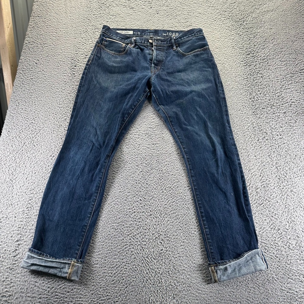 VTG Gap 1969 Jeans Men's 34x34 Blue Cotton Denim‎ Skinny Workwear Faded Selvage